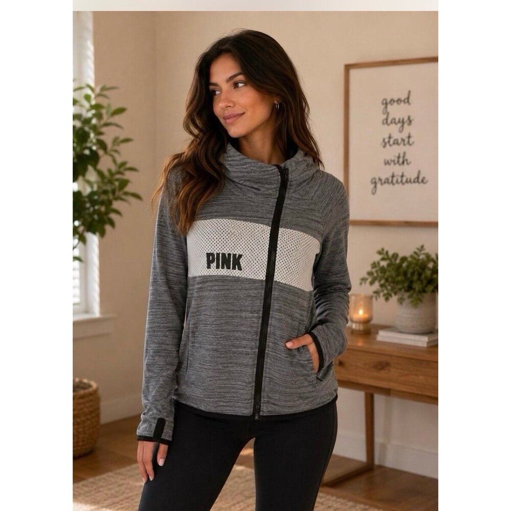 Victoria's Secret Pink Logo Zip Up Hoodie Jacket - Large Grey and Black